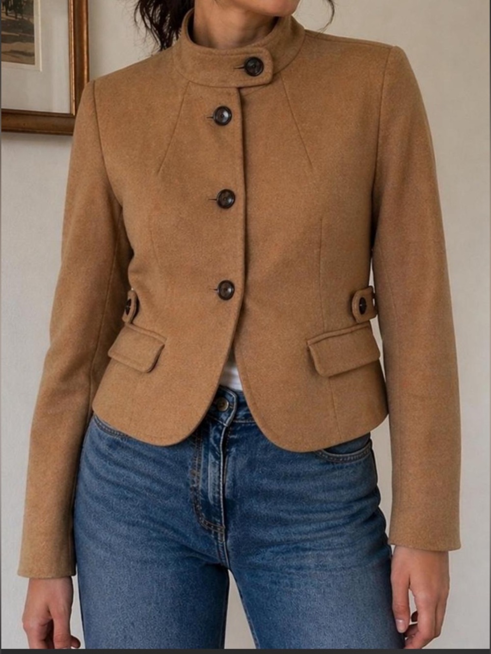 Old Navy Camel Cropped Military Jacket Tan Structured Blazer Preppy Size S